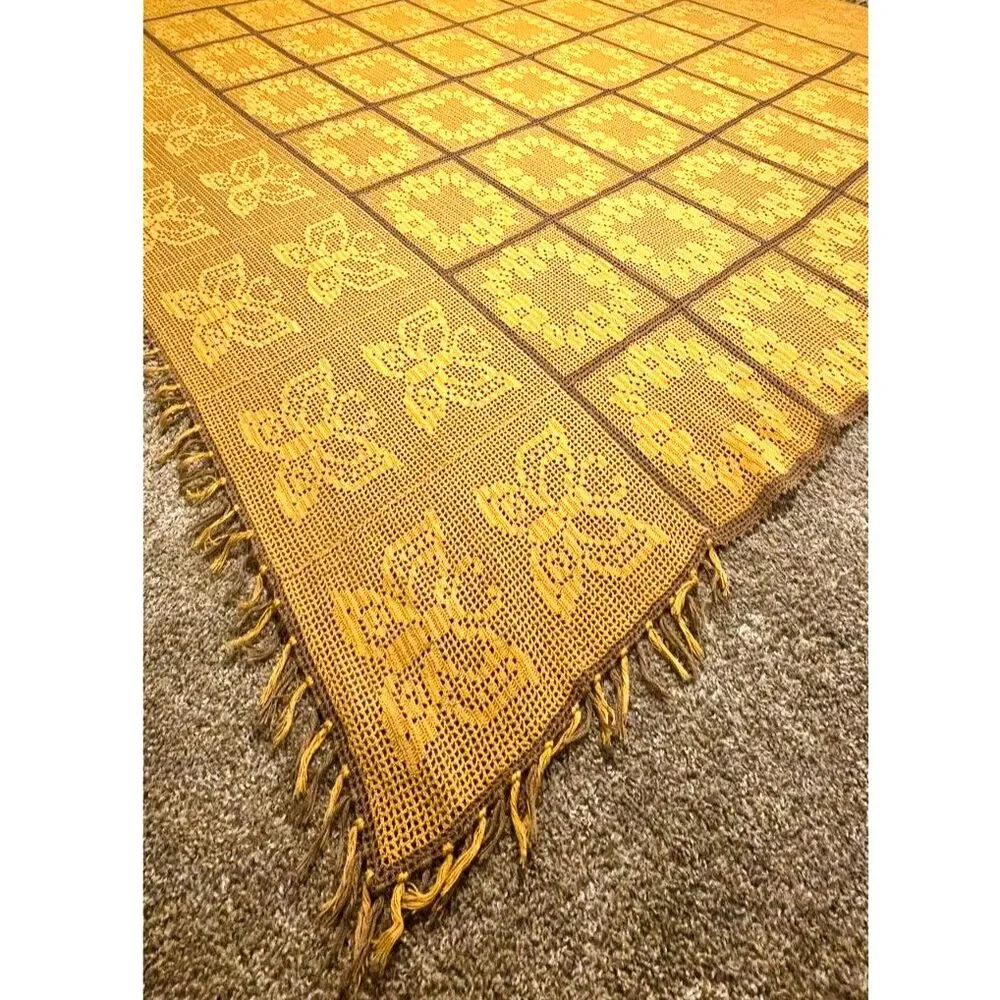 Vintage Hand Crocheted Gold Brown Floral Butterfly Twin Bedspread 85x90